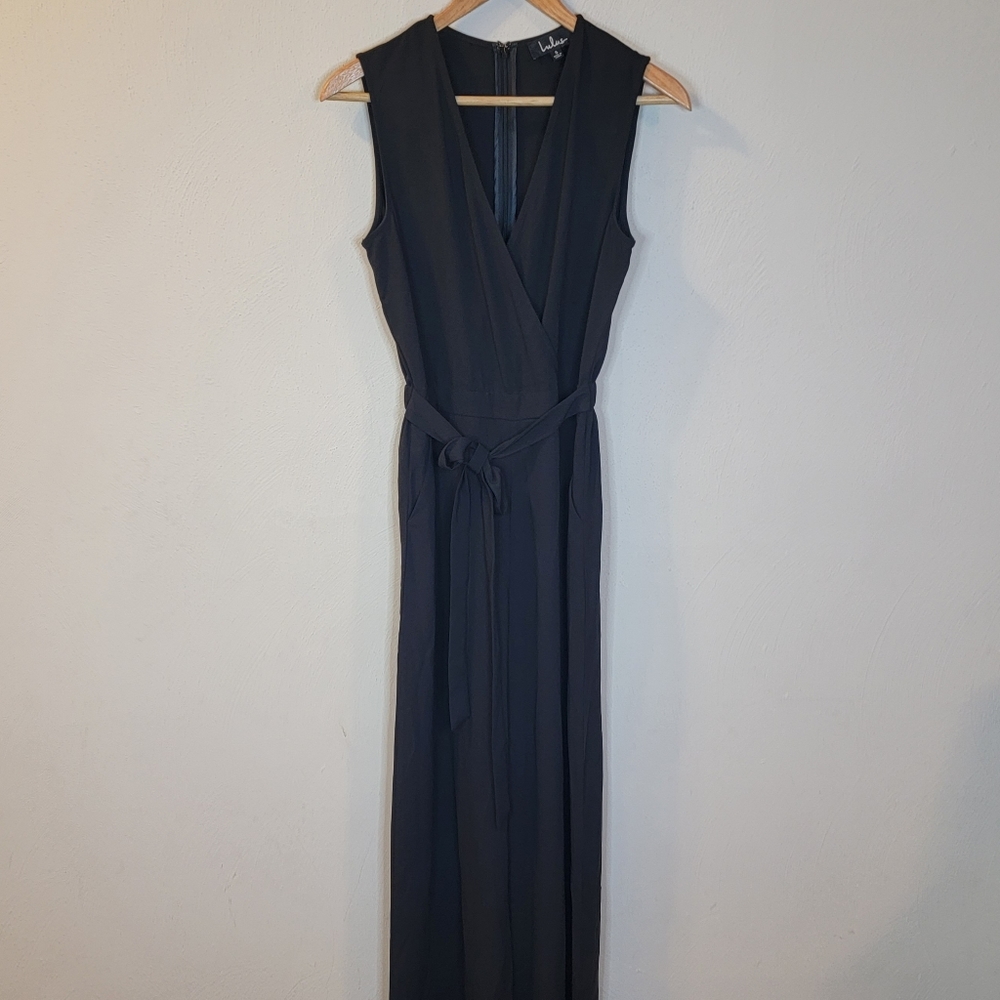 Lulus Right To Dream Black Wide Leg Sleeveless Jumpsuit Sz S Belted Event Modern